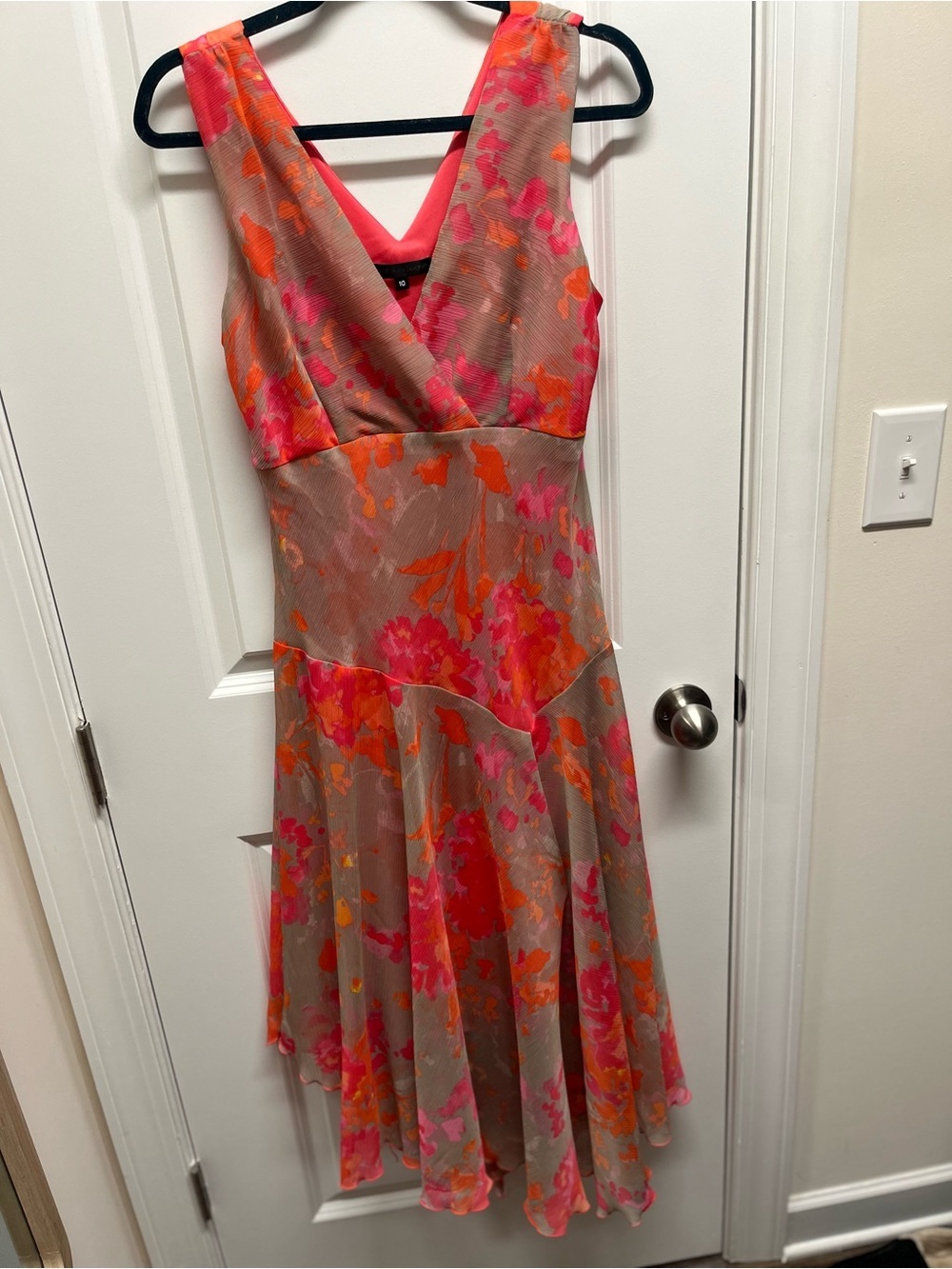Chris McLaughlin Floral Midi Dress Coral Orange Pink Chiffon Asymmetrical SZ 10